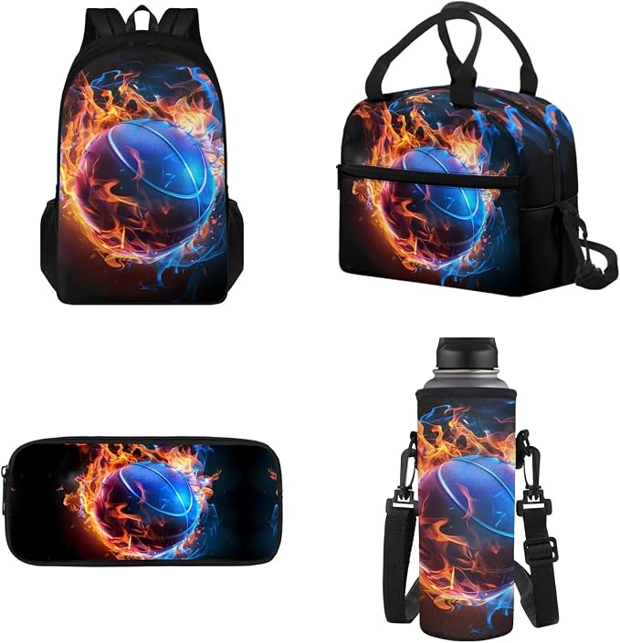 School Backpack for Teens School Bags, Basketball Flame Kids Schoolbag Include Leakproof Lunch Box Pencil Case Water Bottle Organizer for Preschool Elementary Bookbag Travel Daypack by Tomeusey