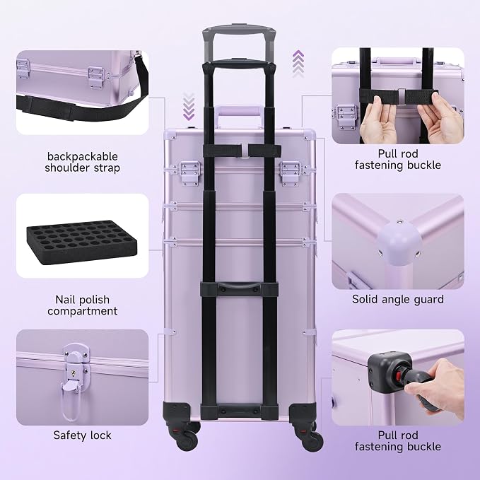 Somduy Rolling Makeup Case with Drawer, Makeup Train Case, 4 in 1Cosmetology Case on Wheels, Christmas Gift, Large Makeup Case Organizers, Profesional Cosmetic Case for Salon Barber, Purple - Image 4