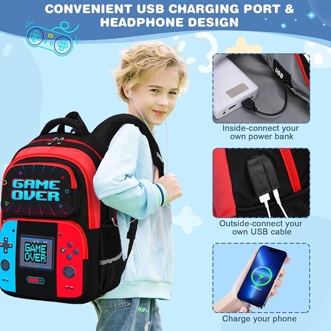 Bevalsa Backpack for Boys, School Bags for Kids, Bookbag for Boys Children Teens Backpacks for Elementary Middle High School Student, Bookbag and Lunch Bag Set with USB Charging Port (Red Blue) - Image 4