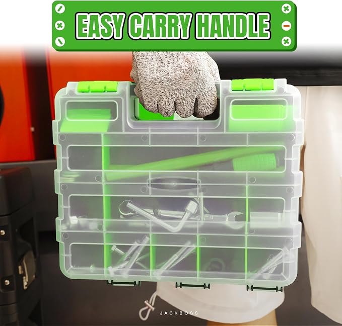 Jack Boss Tool Box with Transparent Lid, Double Side 34-Compartments Organizer Box with Removable Dividers for Hardware, Screws, Bolts, Nails, Beads, Jewelry and Fishing Accessories, Green, 1 Pack - Image 7