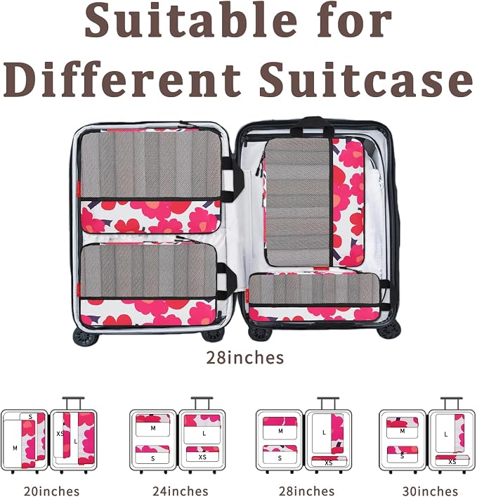U+U 4 Set Compression Packing Cubes - Ultralight Travel Organizers, Space-Saving Suitcase Organizer, Expandable Packing Cubes for Travel, Business Trip and Family Vacation (Red Flower) - Image 6