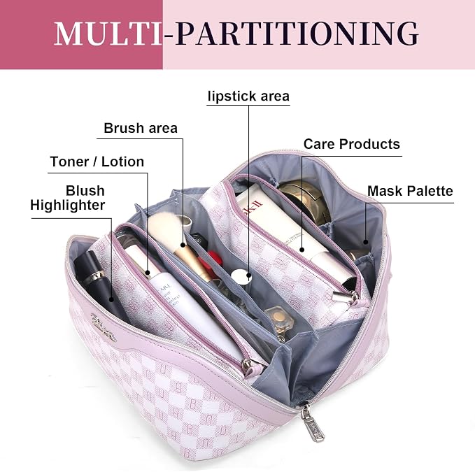 BOYATU Travel Makeup Bag Organizer Cosmetic Bag: 3 Pcs Set Make up Bags for Women with Handle - Waterproof Vegan Leather Toiletry Bags Travel Essentials Pouch with Compartments (H-05-Pink) - Image 2