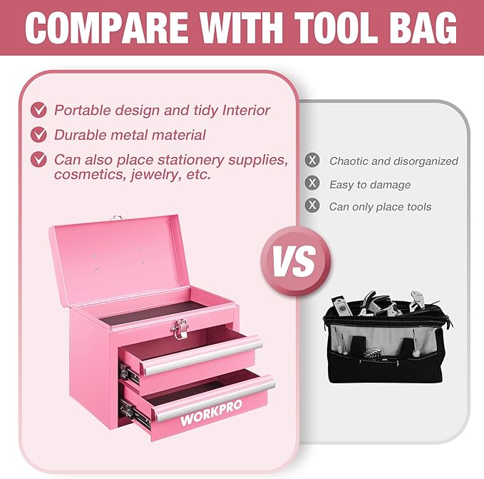 WORKPRO Portable Mini Metal Tool Box with 2 Drawers | Metal Tool Chest, Ball Bearing Slides, Top Storage, Latch Handle, PVC Drawer Liners, PP Feet Pads - Image 5