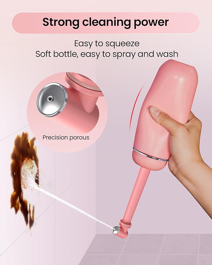 Portable Bidet for Travel & Camping - Manual Squeeze Handheld Peri Bottle for Feminine Hygiene, 3 Leak-Proof Seals, Extendable Sprayer with Rotating Nozzle for Men & Women (Upgrade Pink, General)
