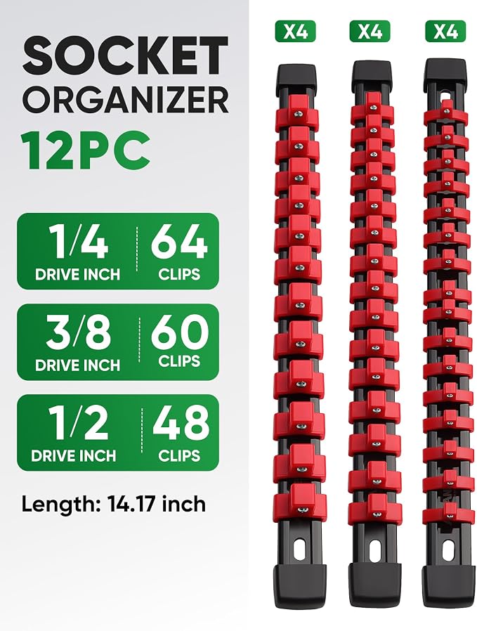 ALOANES 12PC Socket Organizer, Socket Rails Fit 1/2", 1/4" and 3/8" Drive | Heavy Duty ABS Socket Holders Hold up 172 Sockets for Toolbox Drawer Bags(Red) - Image 2