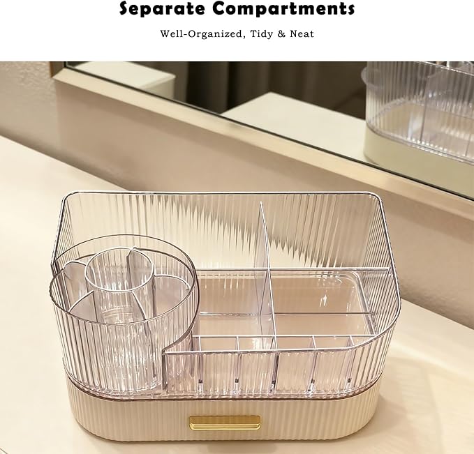 Makeup Organizer Countertop with 360 Rotating Brush Holder, Make Up Organizers For Vanity With Drawer, Bathroom Countertop Skincare Organizer And Storage - Image 7