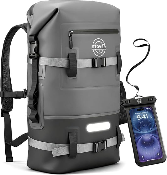 STOVER 30/40/55L Waterproof Dry Backpack & Phone Case- X-Large Floating Dry Bag for Kayaking, Travel, Hiking, Fishing, Camping, Motorcycles & Beach, Heavy-Duty Roll Top Men/Women (Grey) by STOVER