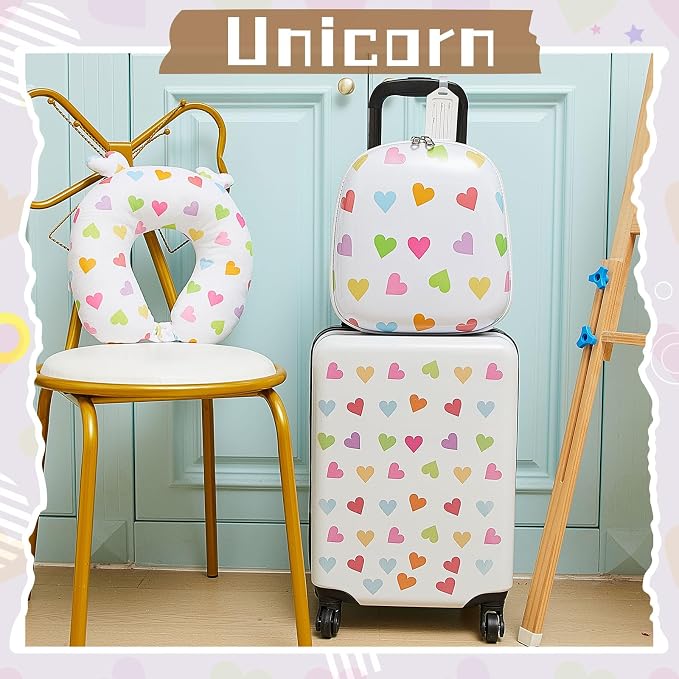 Sanwuta 4 Pcs Kids Luggage Set Back to School Gifts for Girls Boys Carry On Rolling Suitcase Backpack Neck Pillow Travel Set(17 Inch,Heart Style,White) - Image 6
