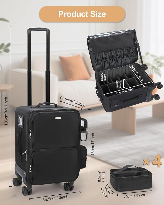 Relavel Rolling Makeup Case, Extra Large Makeup Train Case Cosmetology Case on Wheels Professional Makeup Artist Bag Cosmetic Brush Organizer Box with 4 Clear Set Bags, 360° Spinner Wheels, Black - Image 6