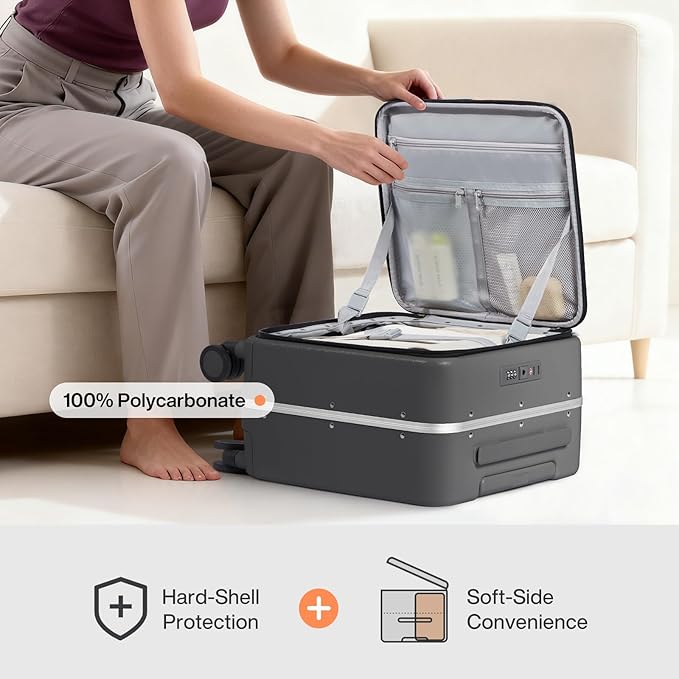 mixi 17x14x9 Carry On Luggage Underseat PC Hard Shell Suitcase Top Opening Aluminum Frame Travel Suitcases with Wheels, Rock Gray - Image 4