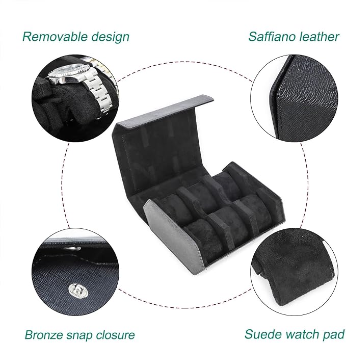 Hiram Genuine Leather Hexagon Watch Roll Travel Case, Leather 6-Watches Roll Case with Removable Pillow Cushion for Treasured Watches and Bracelets-Black - Image 4