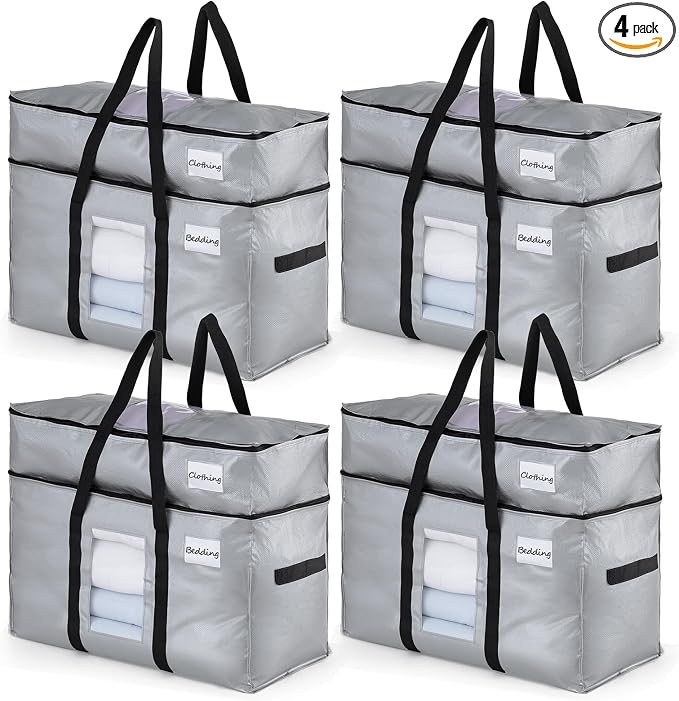 TAILI 2 Tier Extra Large Moving Bags, 4 Pack Silver Heavy Duty Totes For Storage with Visible Window, Wrap Around Handles, Storage Bags for Space Saving, Alternative to Moving Boxes by TAILI