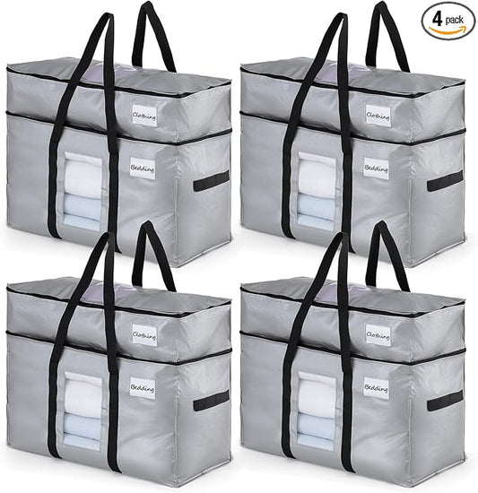 TAILI 2 Tier Extra Large Moving Bags, 4 Pack Silver Heavy Duty Totes For Storage with Visible Window, Wrap Around Handles, Storage Bags for Space Saving, Alternative to Moving Boxes by TAILI