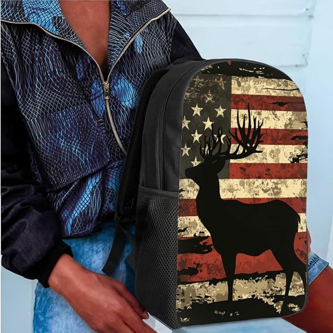 GIFTPUZZ Deer American Flag Backpack 4 Pcs Set Boys 10-12 | Pink, Pencil Case, Water Bottle Sleeve, Lightweight Kids Bookbag, Casual Travel Daypack - Image 3
