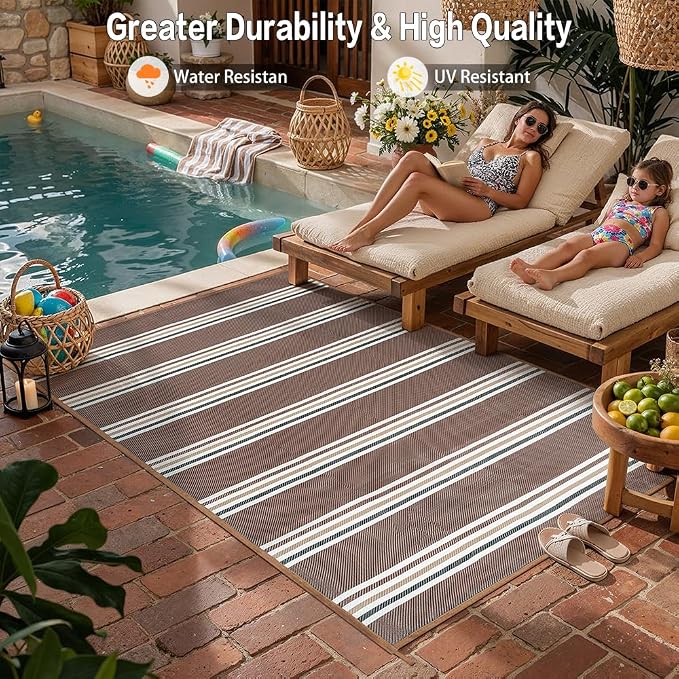 PureCozy Outdoor Waterproof 6x9 Rug for Patio Reversible Plastic Straw Brown Striped Camping Mat Outside Lightweight Large Floor Mat for RV Deck Beach Balcony Picnic Backyard Entry Porch - Image 4