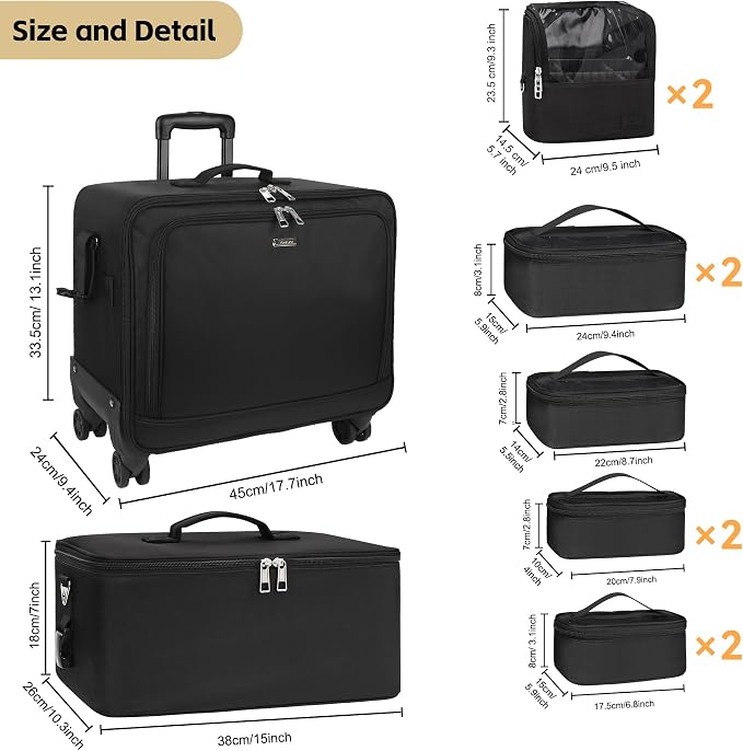 TANTO Rolling Makeup Train Case, 4 in 1 Extra Large Cosmetology Case on Wheels Professional Salon Travel Cosmetic Organizer for Makeup Artists with 7 Pouches, Adjustable Dividers & Swivel Wheels - Image 2