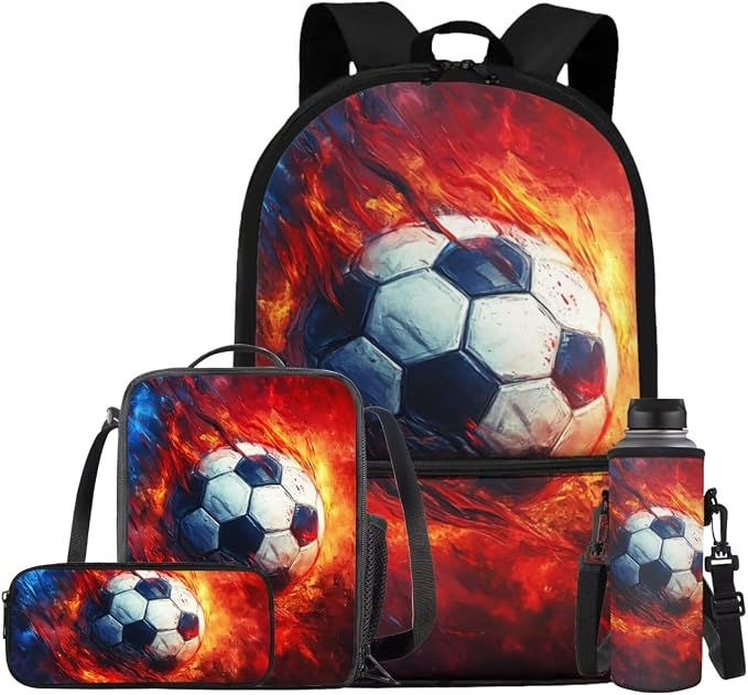 Fire Soccer Backpack for School Boys Backpack with Lunch Box Water Bottle Carrier and Soft Pencil Case 4PCS Set Bookbag with Front Pocket 17 inch Lightweight Elementary School Bag for Kids by ELEDIZI