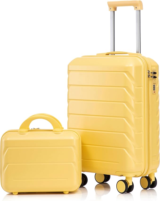 GDFStudio 14/20 Inch 2 Piece Luggage Set with Cosmetic Bag,ABS Hard Shell Spinner Suitcase with Combination Lock,360° Silent Wheels,Retractable Handle, Carry On Travel Luggage with Vanity Case,Yellow by GDFStudio