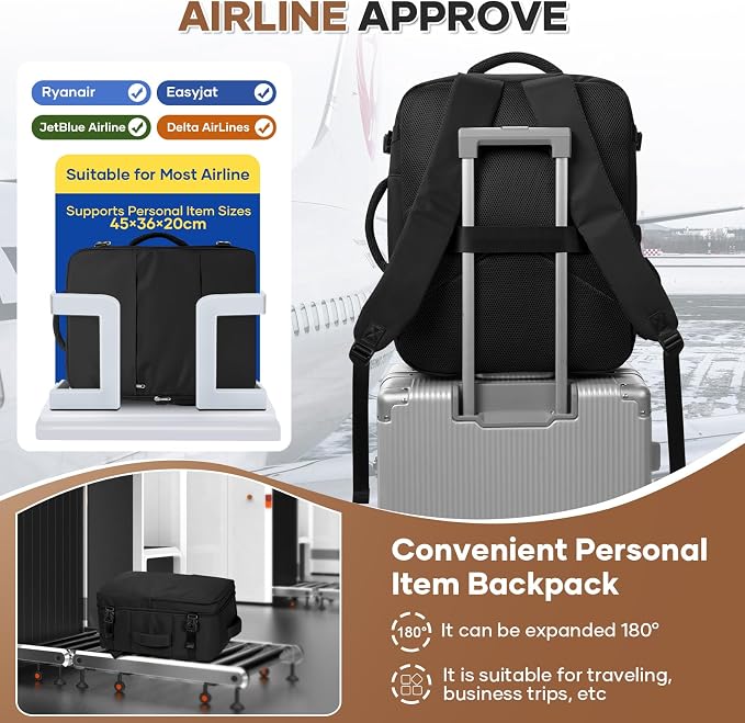 Travel Backpack For Women Men Carry on Backpack Luggage Flight Approved Personal item Travel Bag Essentials Mochila de viaje Laptop College Backpack Large Black - Image 5