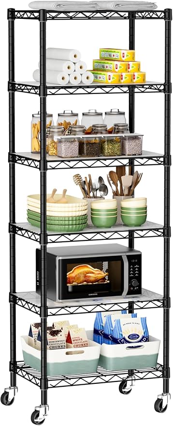 Golpart Small 6 Tier Shelves Storage Wire Shelving Unit Metal Shelf Adjustable Organizers Storage Shelving with Wheels for Bathroom Laundry Room Kitchen Pantry11.7”D x 17.7”W”W x 61.6”H Black by Golpart