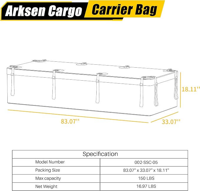 ARKSEN Roof Top Luggage Storage Bag for 84" x 39" Roof Baskets Waterproof 29 Cubic Feet (83.07"L x 33.07"W x 18.11"H) with 12 Straps Anti-Slip Mat 8 Door Hooks for All Vehicles with or without Rack - Image 7