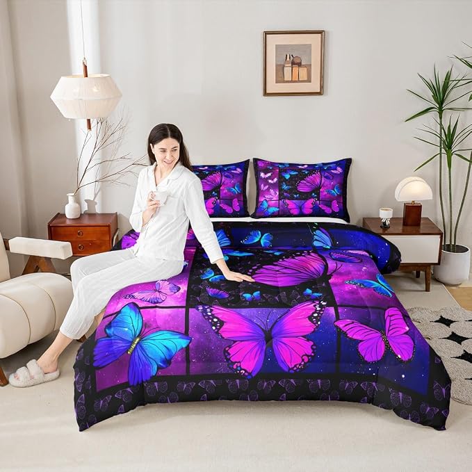 Erosebridal Butterfly Comforter Set Starry Sky Galaxy Comforter Blue Purple Butterfly Bedding Sets Twin for Kids Girls Teens Women Bed,Aesthetics Butterflies Quilt Duvet Set 1 Pillow Case Room Decor - Image 2