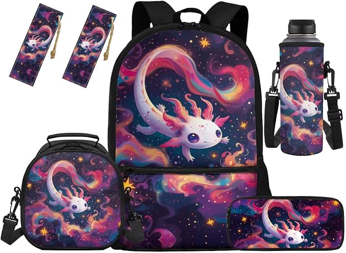 Axolotl Backpack for Boys 5Th Grade Galaxy Kids Backpack and Lunch Box Set 5 Piece Student Back to School Book Bag with Pencil Box Bottle Sleeve Bookmark by Unknown