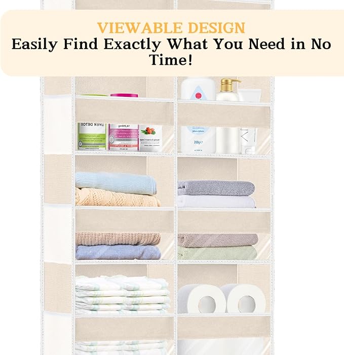 2 Pack Over The Door Organizer 6 Tiers, Extra Large Behind Door Storage of 12 Compartments, 80 lbs Weight Capacity Hanging Storage Organizer with Clear Window Kids Toys,Shoes (6 Tiers - Beige) - Image 4