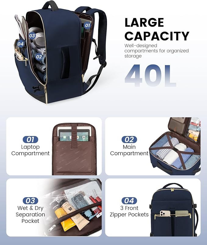 LOVEVOOK Carry On Backpack, 40L Travel Backpack Women with 3 Packing Cubes, TSA Airline Approved Suitcase Bag as Personal Item, Waterproof 17 inch Laptop Backpack for Weekender Overnight, Dark Blue - Image 2
