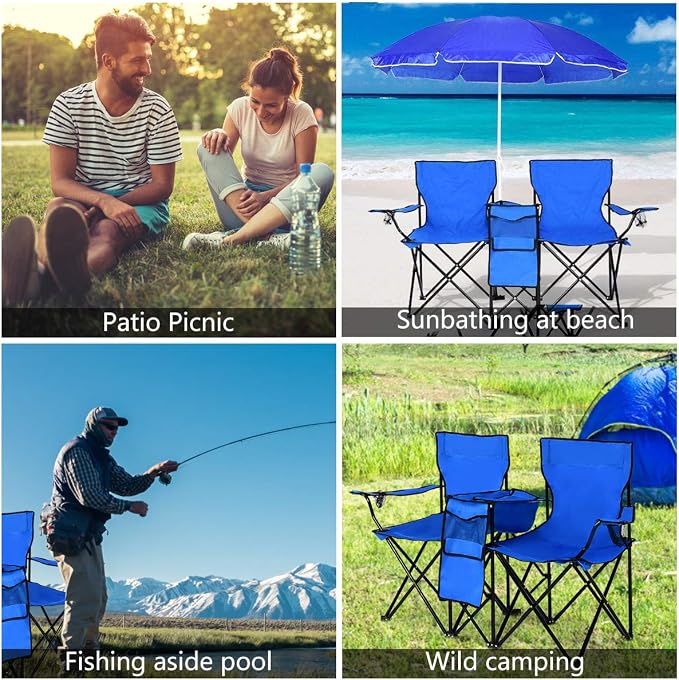 Goplus Double Camping Chair with Umbrella, Folding Loveseat Chairs w/Canopy Shade, Carrying Bag, Table, Cup Holder, Portable Beach Chairs Outdoor Picnic Patio (Blue) - Image 8