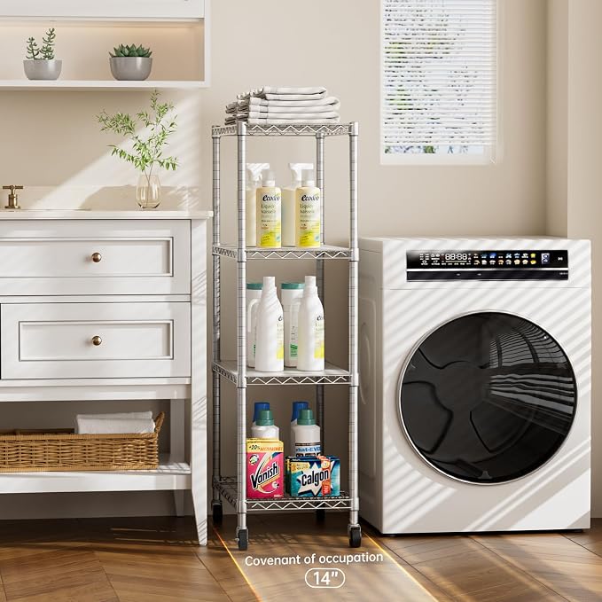 Golpart 4 Tier Shelves Storage Shelf Wire Closet Bathroom Organizers Metal Pantry Kitchen Garage Shelving Unit Laundry Room Organization Home Rack Net Basket White with Wheels 14”D X 24”W X 48.9”H - Image 9