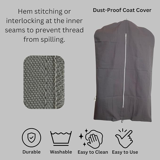 Premium 100% Cotton Garment Bags – 60" Gray Canvas Suit Cover with YKK Zipper – Breathable, Dust-Proof Storage for Suits, Coats, Dresses, Jackets & Travel/Closet Use - Image 4