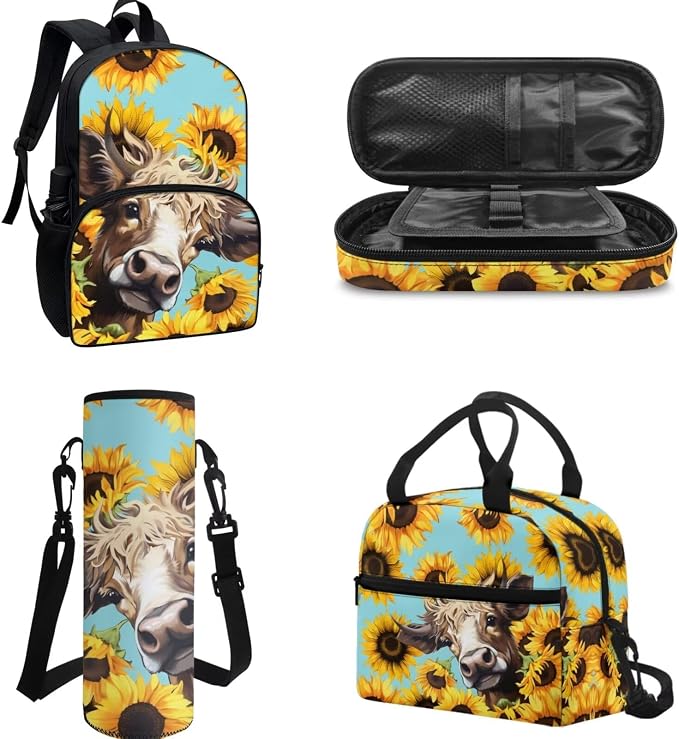 POLERO Sunflower Highland Cow Backpacks for Girls Kids Backpack Bookbag Elementary School Bag Set with Lunch Box Pencil Case Water Bottle Holder - Image 2