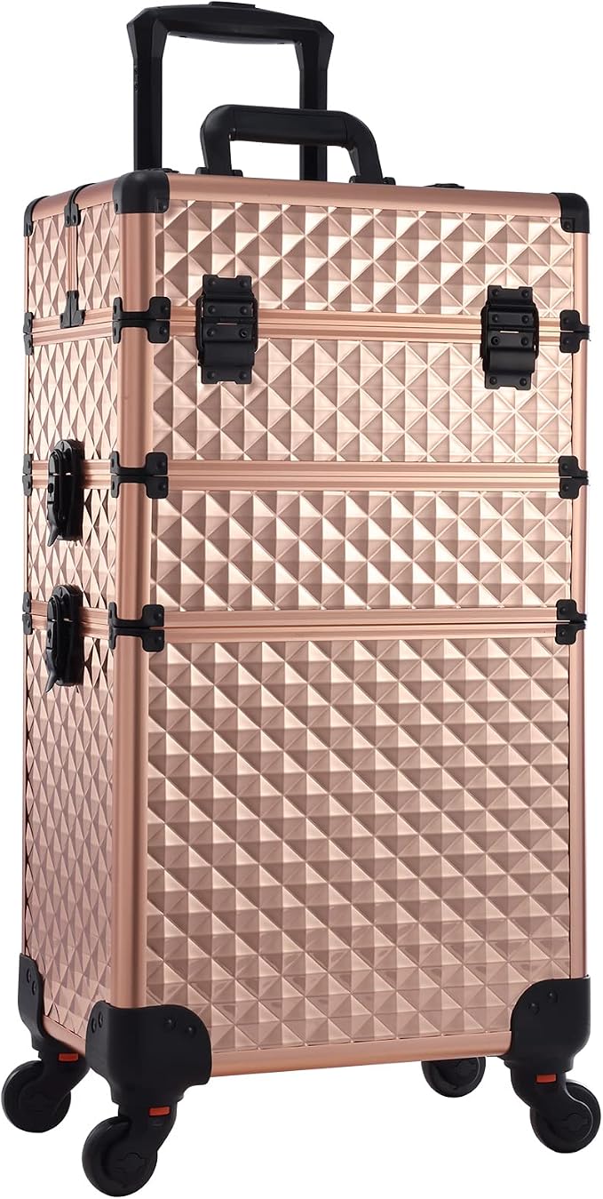 3 in 1 Professional Rolling Makeup Train Case Aluminum Trolley Case with 360° Rotation Wheels for Makuep Artist Cosmetic Suitcase Organizer with Lock and Key Diamond Pattern - Rose Gold by AdazzoRollingMakeupCase