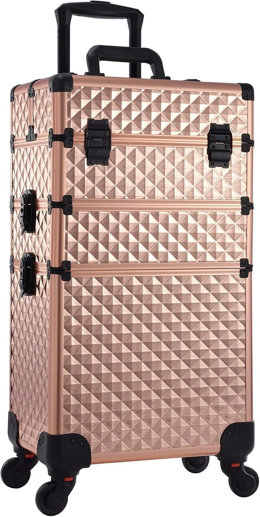 3 in 1 Professional Rolling Makeup Train Case Aluminum Trolley Case with 360° Rotation Wheels for Makuep Artist Cosmetic Suitcase Organizer with Lock and Key Diamond Pattern - Rose Gold by AdazzoRollingMakeupCase