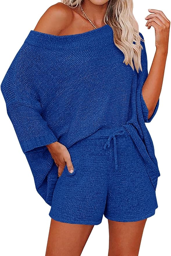 Ermonn Womens 2 Piece Outfits Sweater Sets Off Shoulder Knit Tops Waist Short Suits Casual Pajama Set by Ermonn