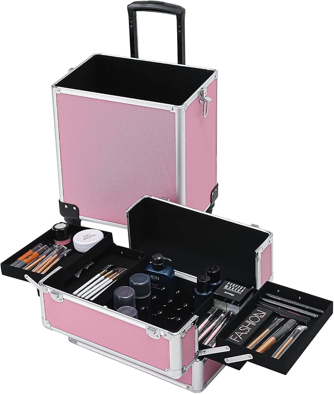 Karl home 4 in 1 Makeup Train Case Rolling Cosmetic Trolley Large Capacity Travel Organizer with Key 360°Swivel Wheels for Beauticians Hairstylists Nail Tech Students, Pink - Image 8