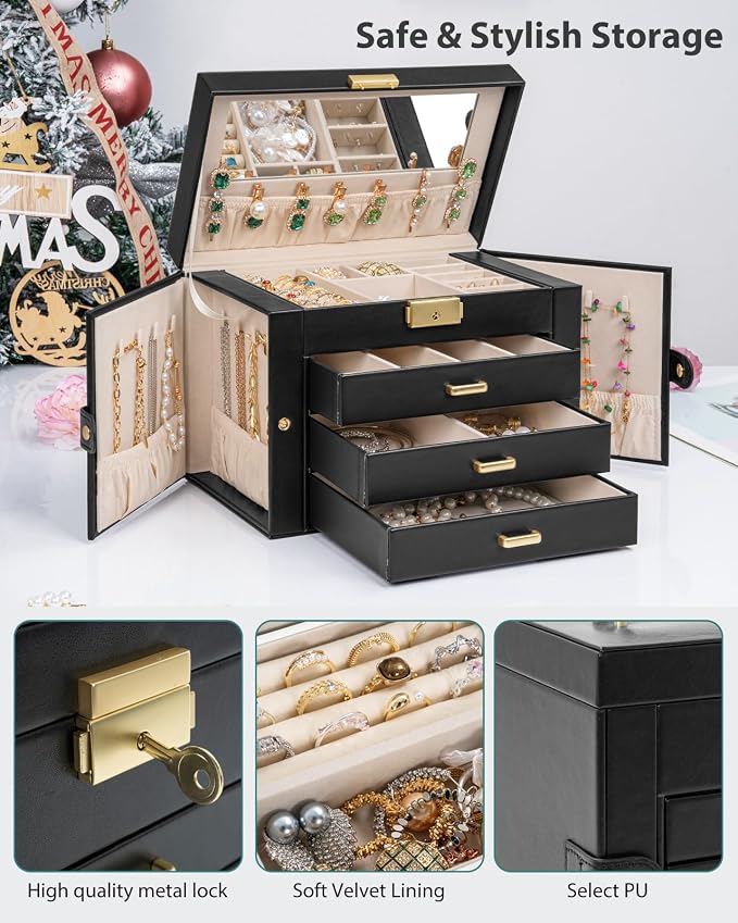 AKOZLIN Large 4-Tier Jewelry Box Leather Jewelry Storage Organizer with 3 Drawers Lockable for Women Girls Ring Necklace Earring Bracelet Watches Holder with Mirror Black - Image 5