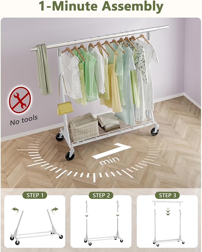 Hoctieon 1-Minute Assembly Clothes Rack, 480 lbs Heavy Duty Rolling Clothing Racks with Wheels, Foldable Garment Rack, Extendable Hanging Bar, Adjustable Metal Pole with Hooks, White - Image 6