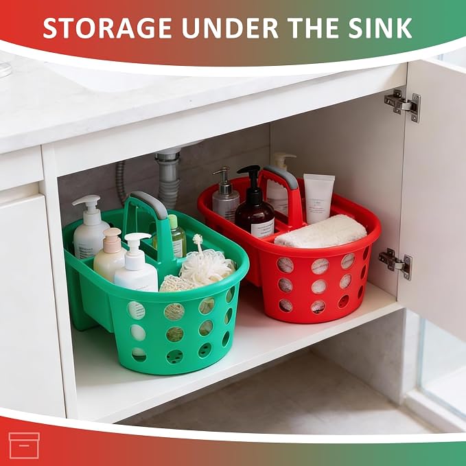 SIMPLYKLEEN Large Shower Caddy Portable 2PC - Made in USA Plastic Jumbo Size Dorm Storage Candy Tote with Handle Shower Organizer for Bathroom, Pantry, Kitchen, College Dorm, Green/Red - Image 7