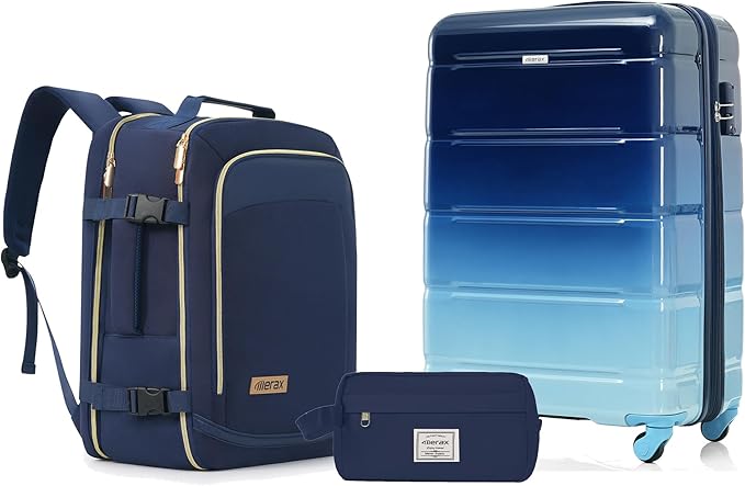 Hardshell Luggage Sets, Lightweight Stripes Suitcases with Spinner Wheels, Navy 20 by Merax