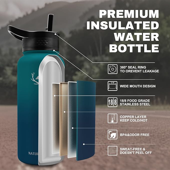 NATURE PIONEOR 32 oz Insulated Water Bottle with Carrier Bag & 3 Lids | 18/8 Food-grade Stainless Steel, Double Vacuum Insulation, 3 Leak-proof Lids, Strap, Camping, Hiking, Gym, Work - Image 2
