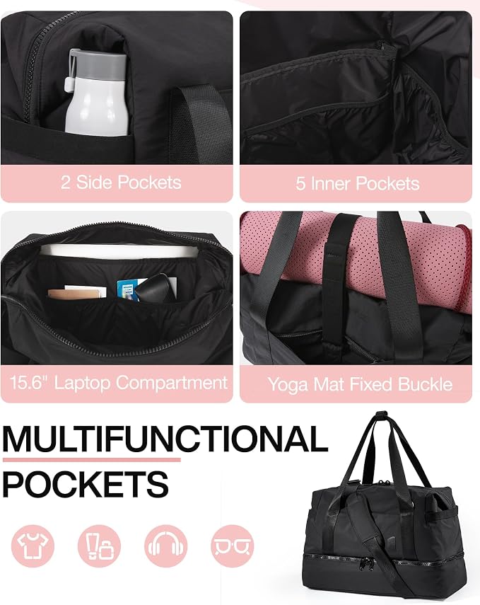Weekender Bags for Women, BAGSMART Travel Duffel Bags with Shoe Compartment,Personal Item Travel Bag for Airlines, Carry on Overnight Tote Bag with Toiletry Bag(Black,2pcs) - Image 2