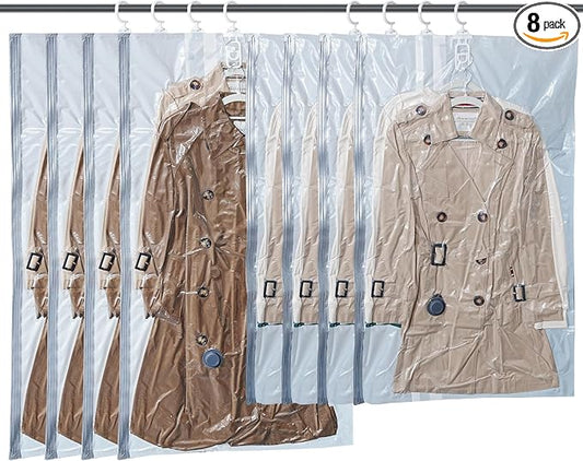 Vacbird Hanging Vacuum Storage Bags for Clothing 8 Pack Hanging Vacuum Seal Bags for Clothing Suit Bags Closet Storage, Hanging Plastic Clothes Cover for Coat, Dress, Fur, Shirt by Vacbird