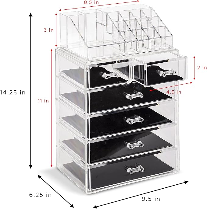 Sorbus Acrylic Makeup Organizer Set, 6-Drawer Vanity & Countertop Cosmetic Storage with Small & Wide Compartments, Clear Makeup Storage for Brushes, Jewelry – Holiday Gift for Women & Teens - Image 3