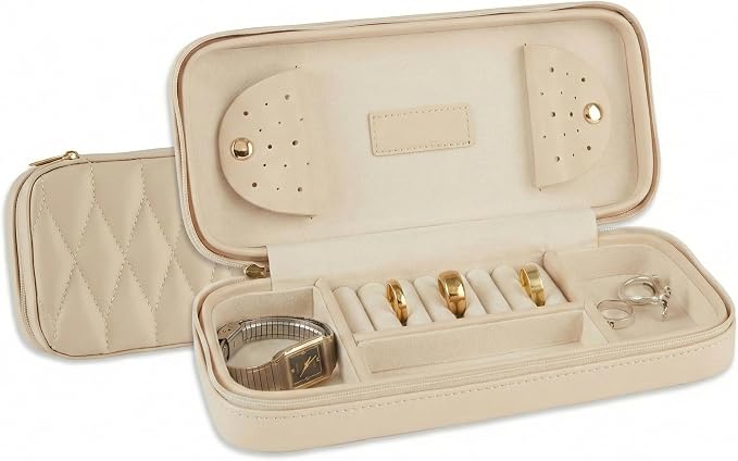 Bey-Berk Diamond-Quilted Leather Travel Jewelry Case, Cream, 9" x 4" x 1.75" by Bey-Berk