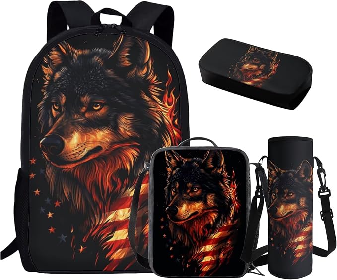 GIFTPUZZ Cool Wolf American Flag Backpack Set for Elementary Boys | Patriotic School Bag Set, 4 Piece Large Capacity Bookbag with Lunch Box, Pencil Case, Water Bottle Sleeve, Outdoor Travel by GIFTPUZZ