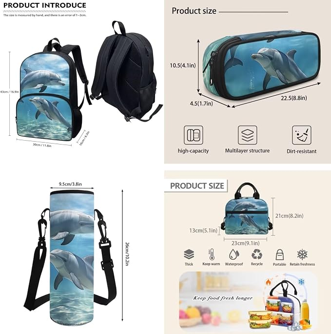 4Piece Lovely Dolphin Backpack Schoolbag Set with Lunch Box And Pencil Car Water Holder Sleeve Crossbody Bag for Boys Girls，17Inch Laptop Bag Kids Casual Daypack Back to School - Image 3