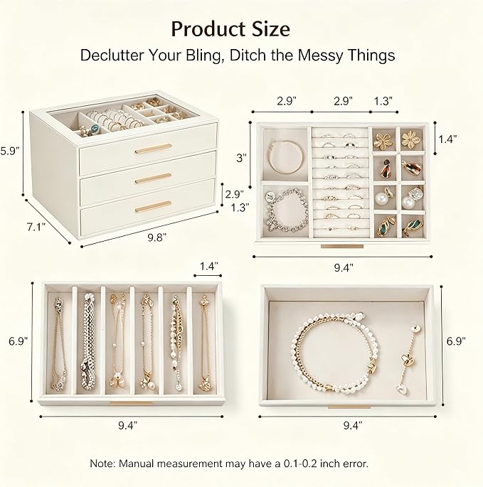 GUOER Jewelry Box for Women, Glass Lid Jewelry Organizer with 3 Drawers PU Jewelry Storage Case for Necklaces Rings Earrings Bracelets, Mother's Day, White - Image 3