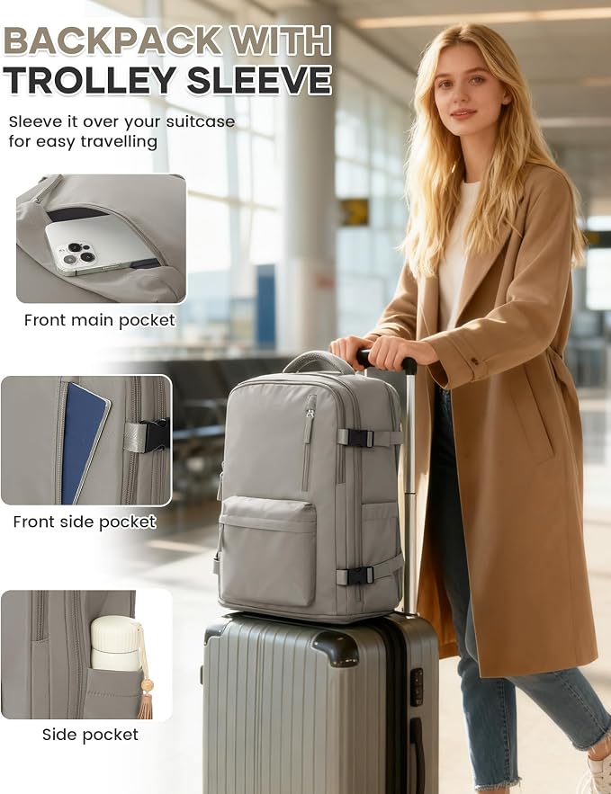WONHOX Carry on Travel Laptop Backpack for Women Men Flight Approved,Backpack for Women Travel Bag Hiking Outdoor Sports Rucksack Casual Daypack, Grey Brown - Image 5
